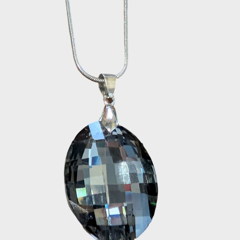 Vintage Silver Smokey Grey Glass Pendant Snake Chain Necklace Oval Faceted